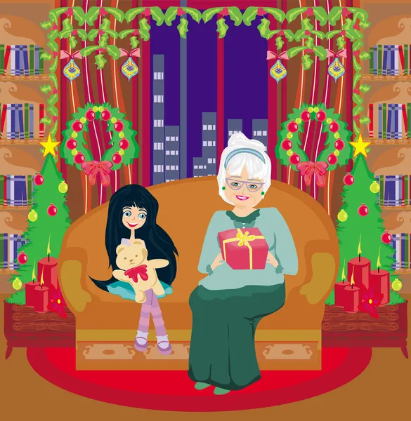 Büyükanne ve torun - Noel evde — Stok Vektör