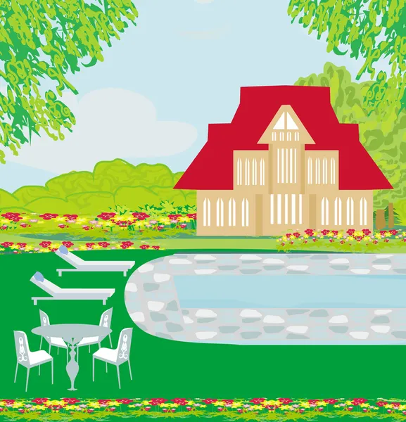 Дом с бассейном - иллюстрация — стоковый вектор