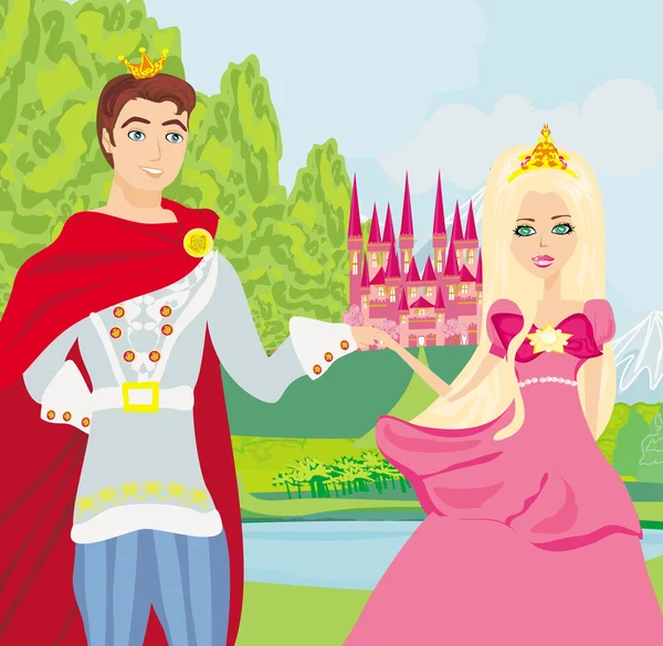 Hermoso castillo y princesa con príncipe — Vector de stock