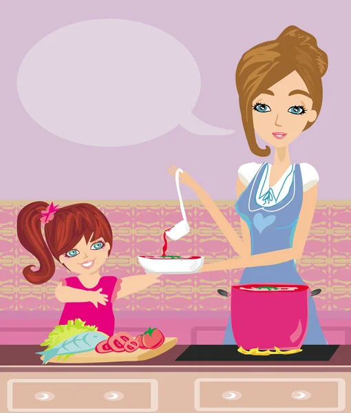 Madre e hija prueban comida en la cocina — Vector de stock