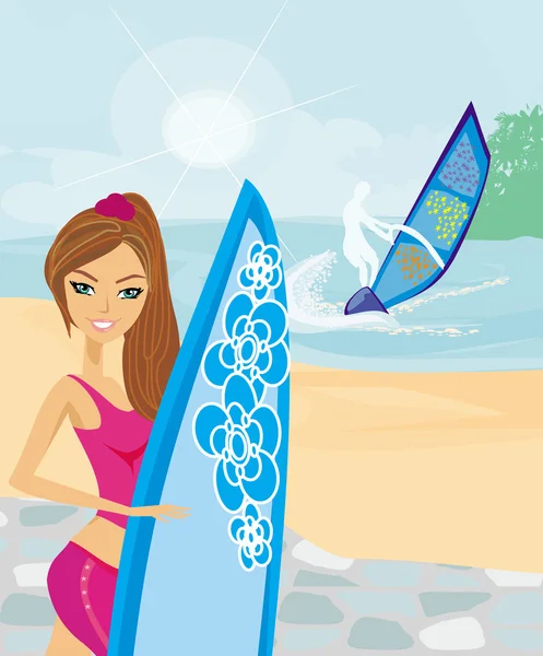 Menina surfista bonita em uma praia — Vetor de Stock