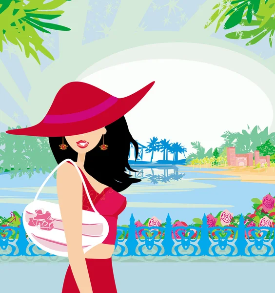 Elegante vrouw op tropische vakantie — Stockvector