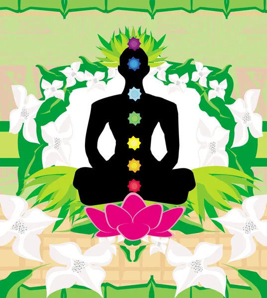 Yoga lotus poserar. Padmasana med chakra poäng. — Stock vektor