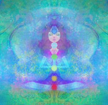  Yoga nilüfer pozu. Renkli çakra noktalı Padmasana. 