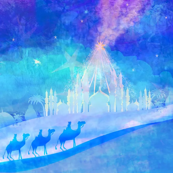 Classic three wise men scene and shining star of Bethlehem — Stock Photo, Image