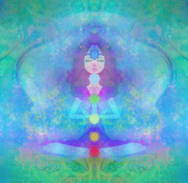 Yoga lotus pose. Padmasana with colored chakra points. — Stock Photo, Image