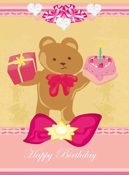 Birthday card, sweet teddy bear holding a birthday cake — Stock Vector