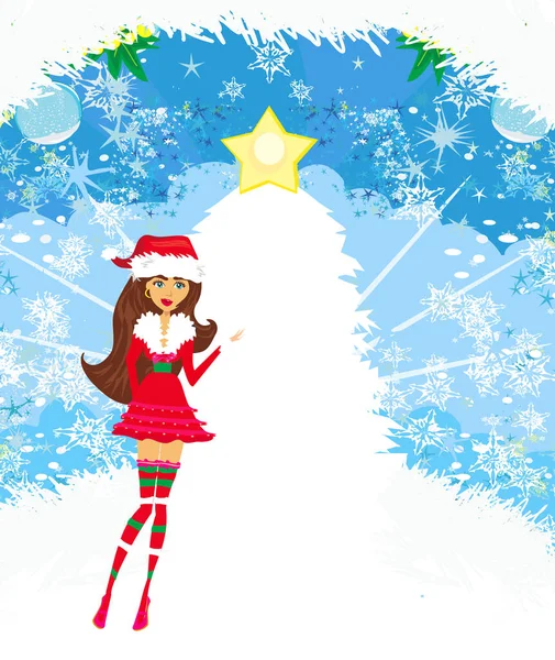 サンタクラスの女の子 装飾クリスマスカード — ストックベクタ