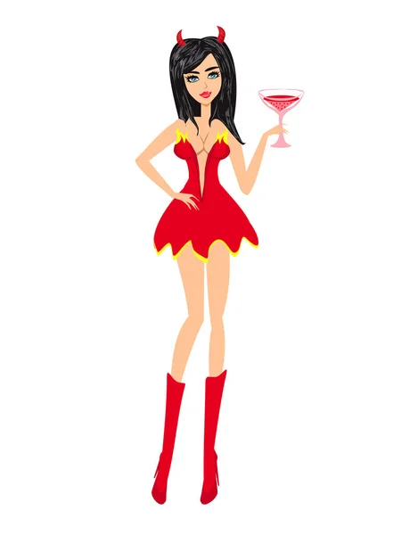 Schöne Sexy Mädchen Teufel Einem Roten Kleid Illustration Isoliert Von — Stockvektor