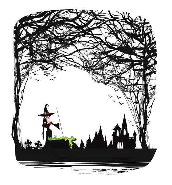 Halloween Noite Quadro Com Assustador Castelo Assombrado Uma Bruxa Preparando — Vetor de Stock