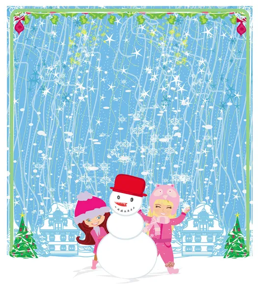 Ευτυχισμένα Κορίτσια Κάνουν Έναν Χιονάνθρωπο Μια Όμορφη Χειμωνιάτικη Μέρα — Διανυσματικό Αρχείο