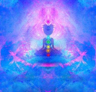 Yoga nilüfer pozu. Renkli çakra noktalı Padmasana.