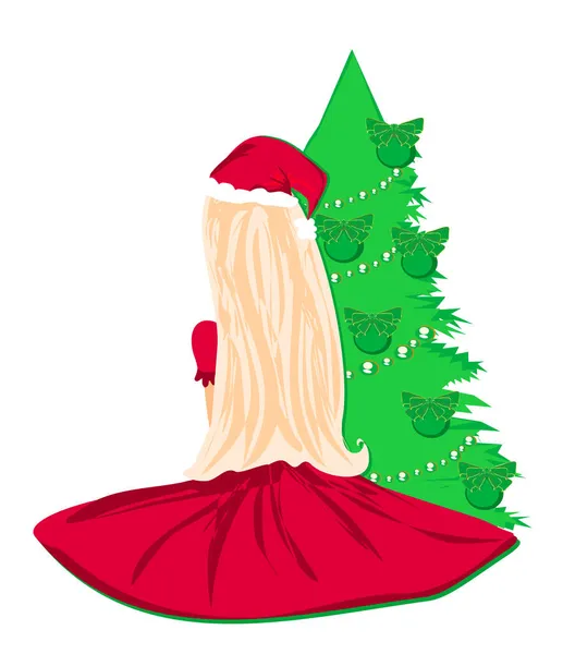 Hermosa Chica Rubia Sentada Junto Árbol Navidad Ilustración Aislada — Archivo Imágenes Vectoriales