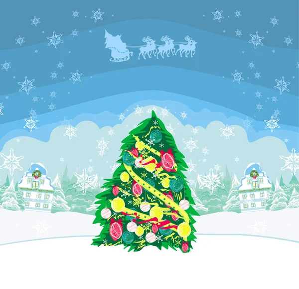 Paysage Hivernal Avec Père Noël Survolant Ville — Image vectorielle