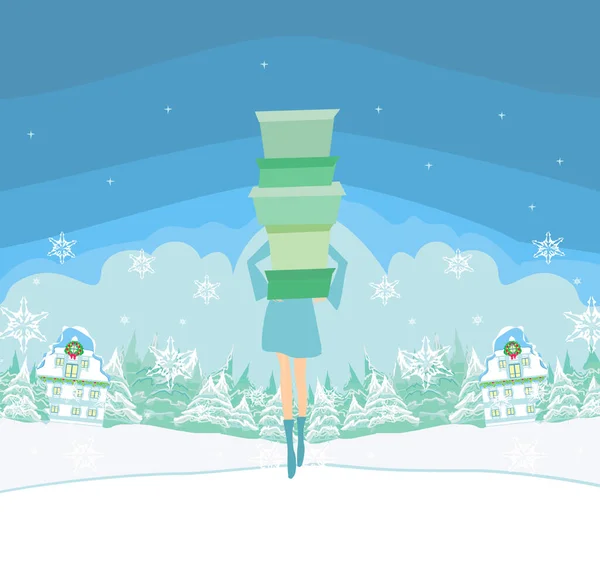 Hermosa Chica Las Compras Invierno Tarjeta Venta Navidad — Vector de stock