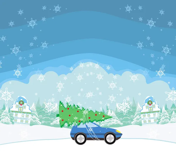 Auto Met Een Kerstboom Het Dak — Stockvector