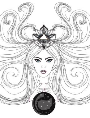 Falcı kadın sihirli kristal kürede geleceği okuyor. 