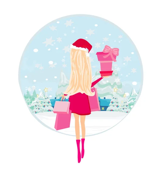 Fille Hiver Avec Boîte Cadeau Carte Vente Vacances — Image vectorielle