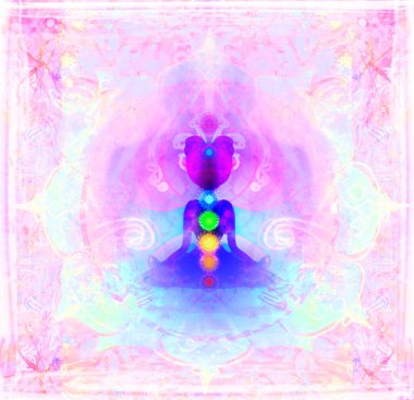 Yoga nilüfer pozu. Renkli çakra noktalı Padmasana.