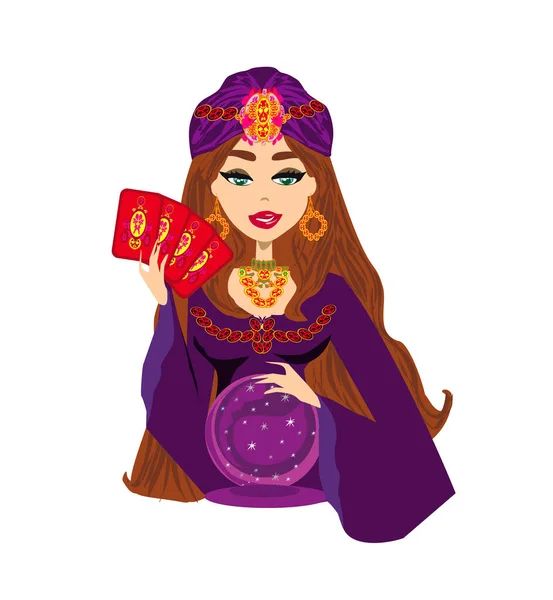 Beautiful Fortune Teller Woman Reads Cards Crystal Ball — Stockvector