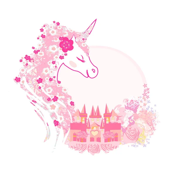 Cute Unicorn Fairy Tale Princess Castle Frame — Stock Vector