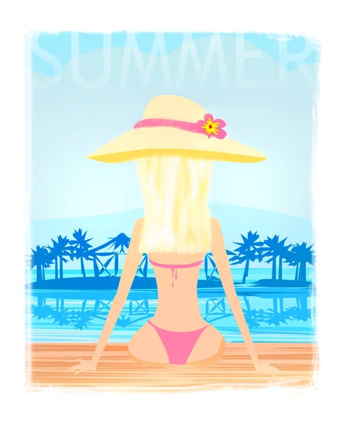 Meisje Bikini Tropisch Zwembad Grappige Vakantiekaart — Stockfoto