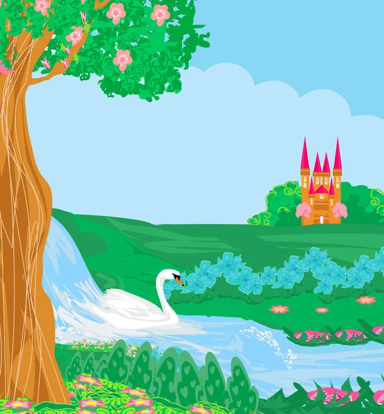 Paisaje Primavera Con Cisne Castillo — Vector de stock