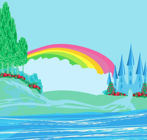 有古城堡和美丽彩虹的风景 — 图库矢量图片