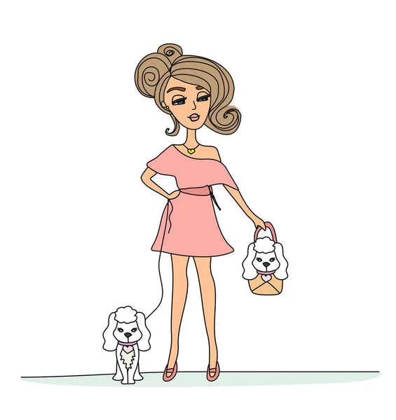 Hermosa Chica Caminando Con Los Perros Garabato Ilustración Aislada — Archivo Imágenes Vectoriales