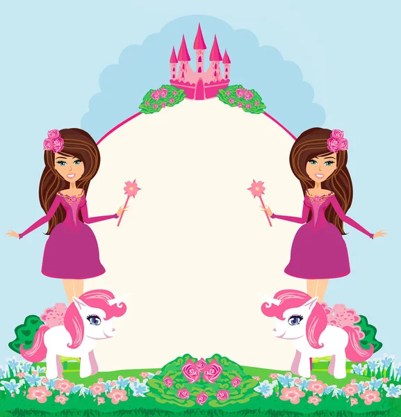 Floral Frame Beautiful Fairies Unicorns — Stock Vector