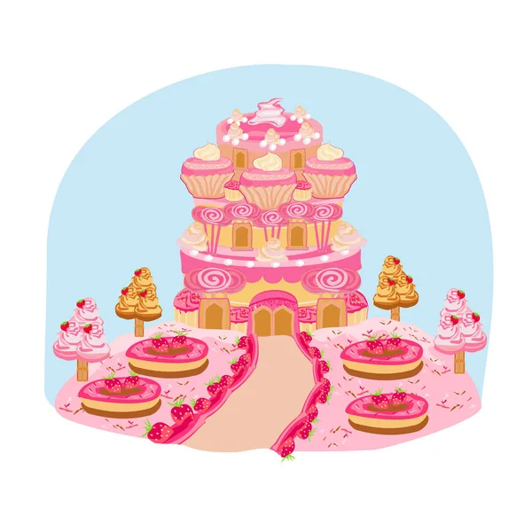 Terra Doces Castelo Multicolorido Ilustração Conto Fadas — Vetor de Stock