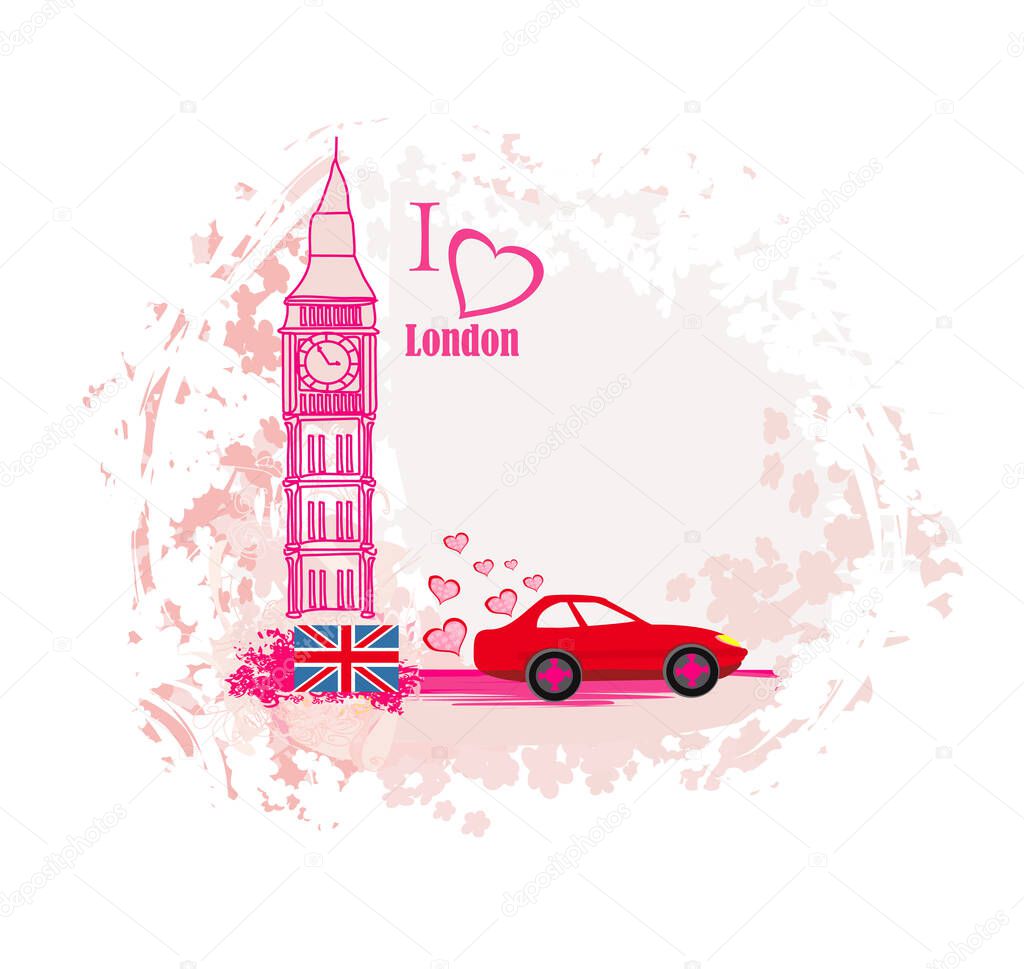 floral banner with car traveling in london 