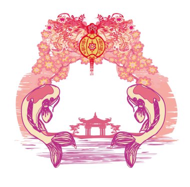 Geleneksel Japon Koi Balığı Sanatsal Kartı 