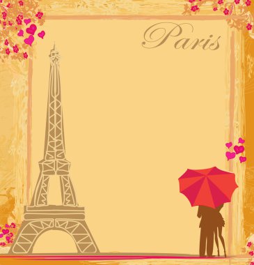 Paris 'te romantik bir çift turist, soyut klasik kart.