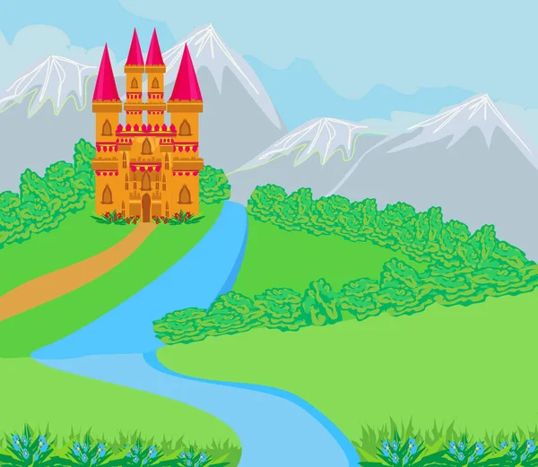 Paisaje Con Castillo Hermoso Jardín — Vector de stock