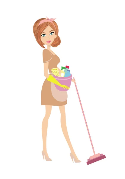 Beautiful Housewife Mop Cleaning Detergents — Stock Vector
