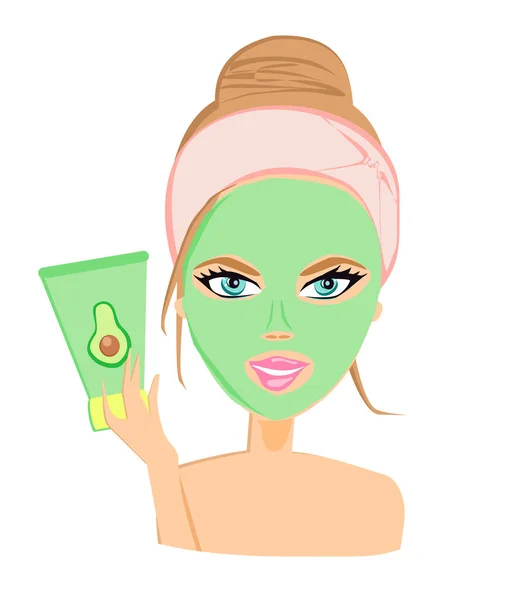 Beautiful Girl Applying Face Avocado Mask — Stock Vector