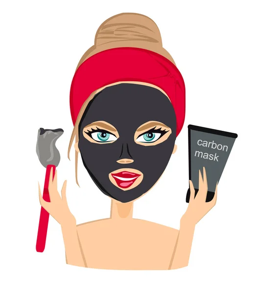 Bella Ragazza Applicando Maschera Carbonio Viso — Vettoriale Stock