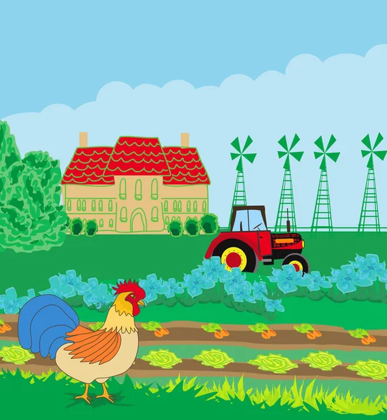 Landelijk Landschap Met Rooster Trekker Een Prachtig Landhuis — Stockvector