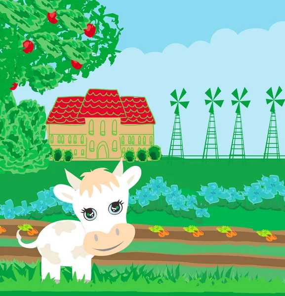 Vaca Divertida Campo Ilustración — Vector de stock