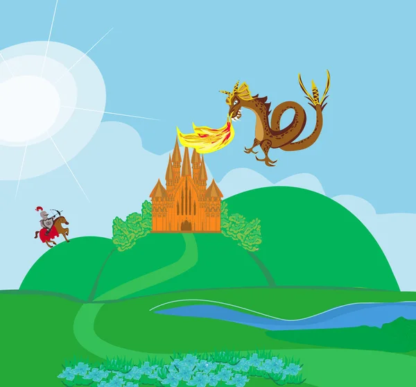 Dragón Ataca Ilustración Del Castillo — Vector de stock