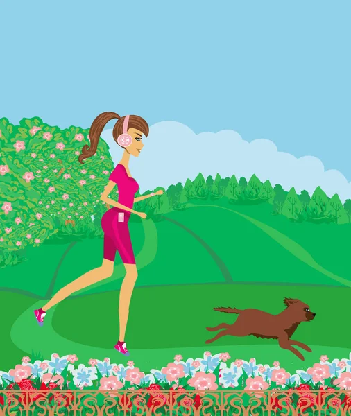 Jogging Girl Spring Together Her Dog — Stock Vector