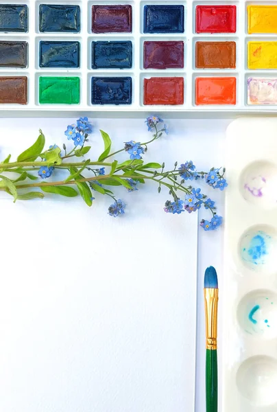 Flat Lay Sketchbook Watercolor Brushes Color Palette — Stock Photo, Image