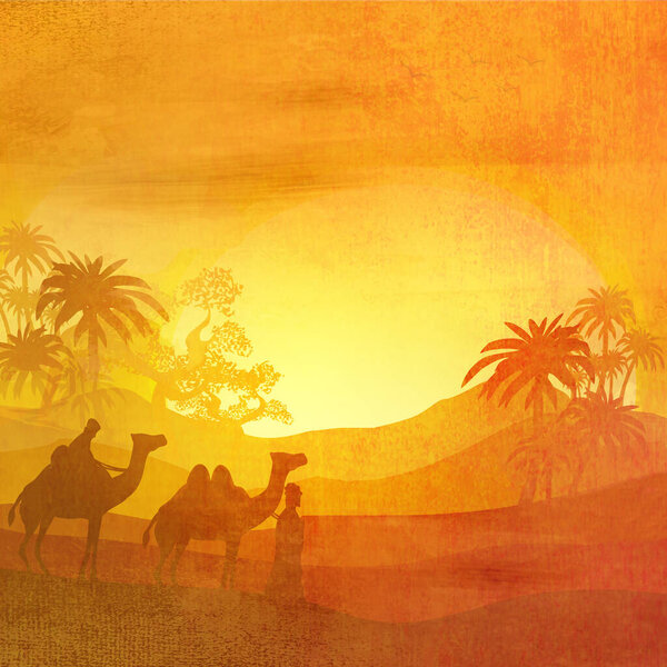 Bedouin camel caravan in wild africa landscape - artistic grunge illustration