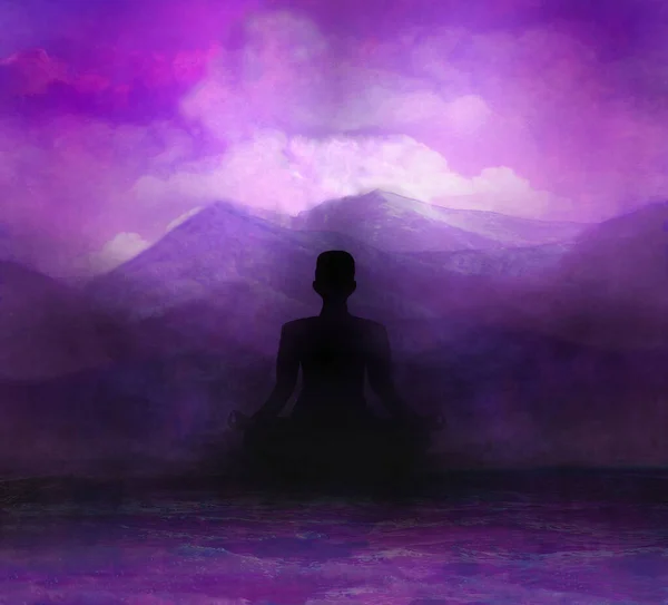 Man Meditating Mountains Sunset — Stock Photo, Image