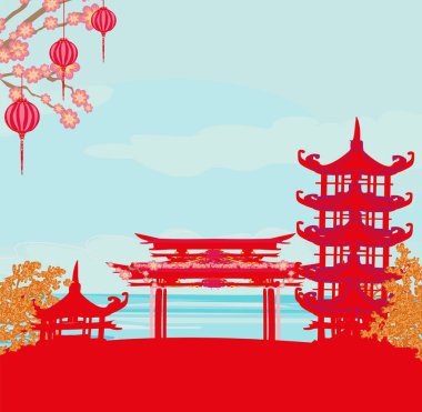 güzel soyut Asya manzarası - siluet çizimi