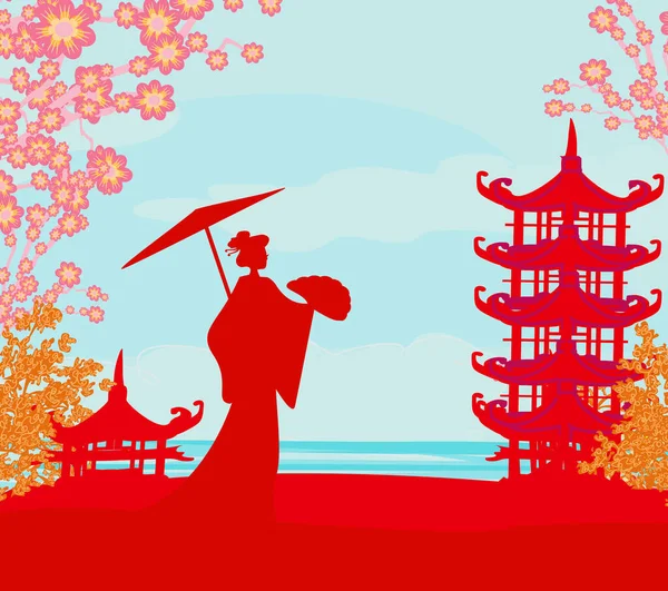 Abstrait Asiatique Paysage Avec Marche Geisha — Image vectorielle