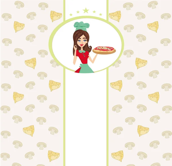Lächelnde Kellnerin Die Pizza Serviert Platz Für Ihren Text — Stockvektor