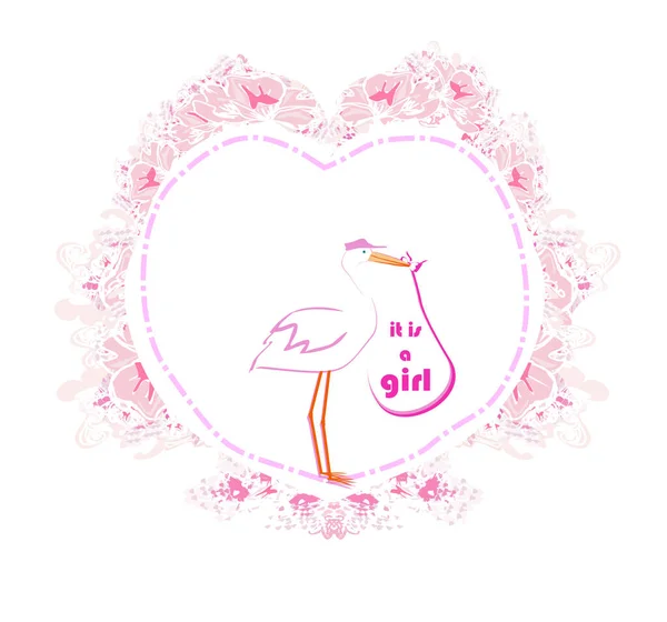 Baby Girl Card Stork Delivering Baby Girl — Stock Vector