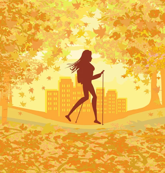 Caminhada Nórdica Mulher Ativa Exercitando Parque Dia Outono —  Vetores de Stock